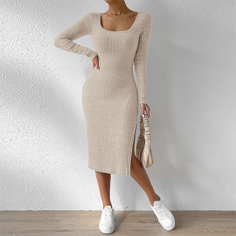 Elegant Ribbed Midi Dress with Side Slit Beige