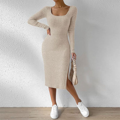 Elegant Ribbed Midi Dress with Side Slit Beige
